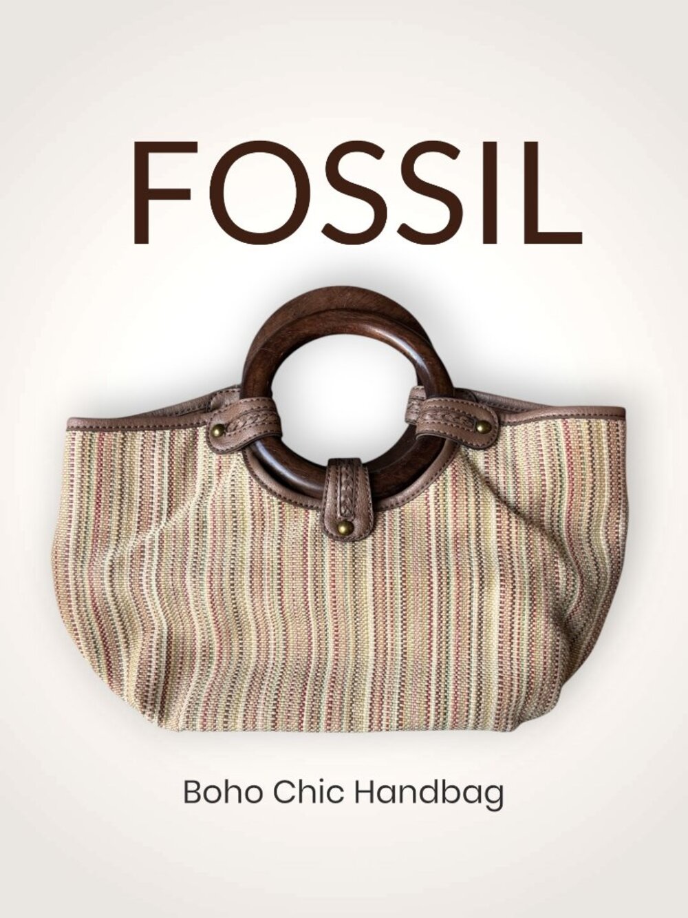 Fossil Woven Stripe Wooden Handle Bag Brown Leather Trim Vintage Y2K